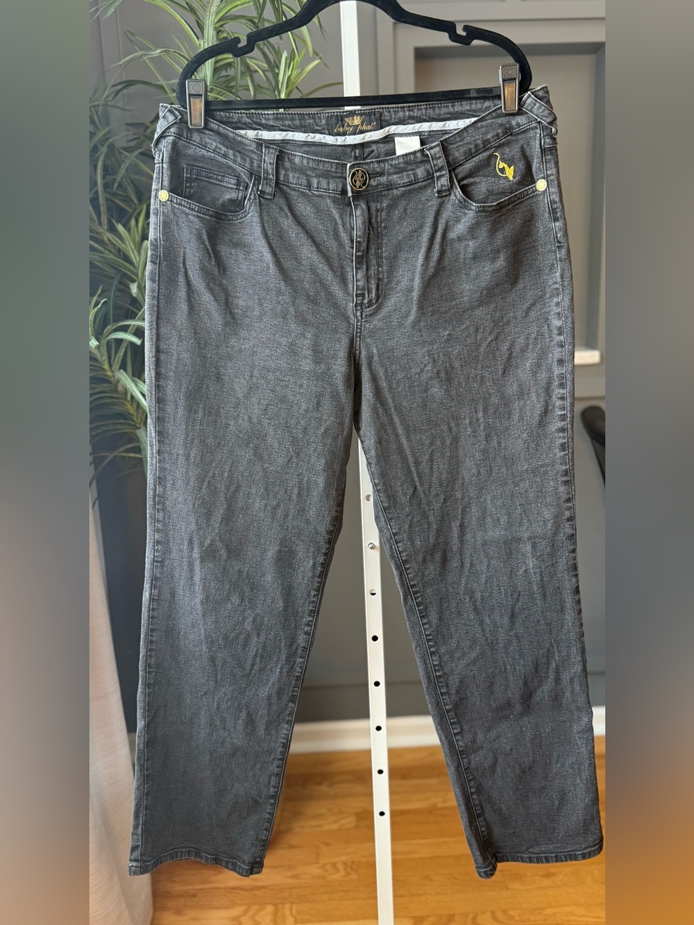 BABY PHAT Black Bootcut Jeans Gold Cat Logo Y2K Low Rise Stretch Size 20